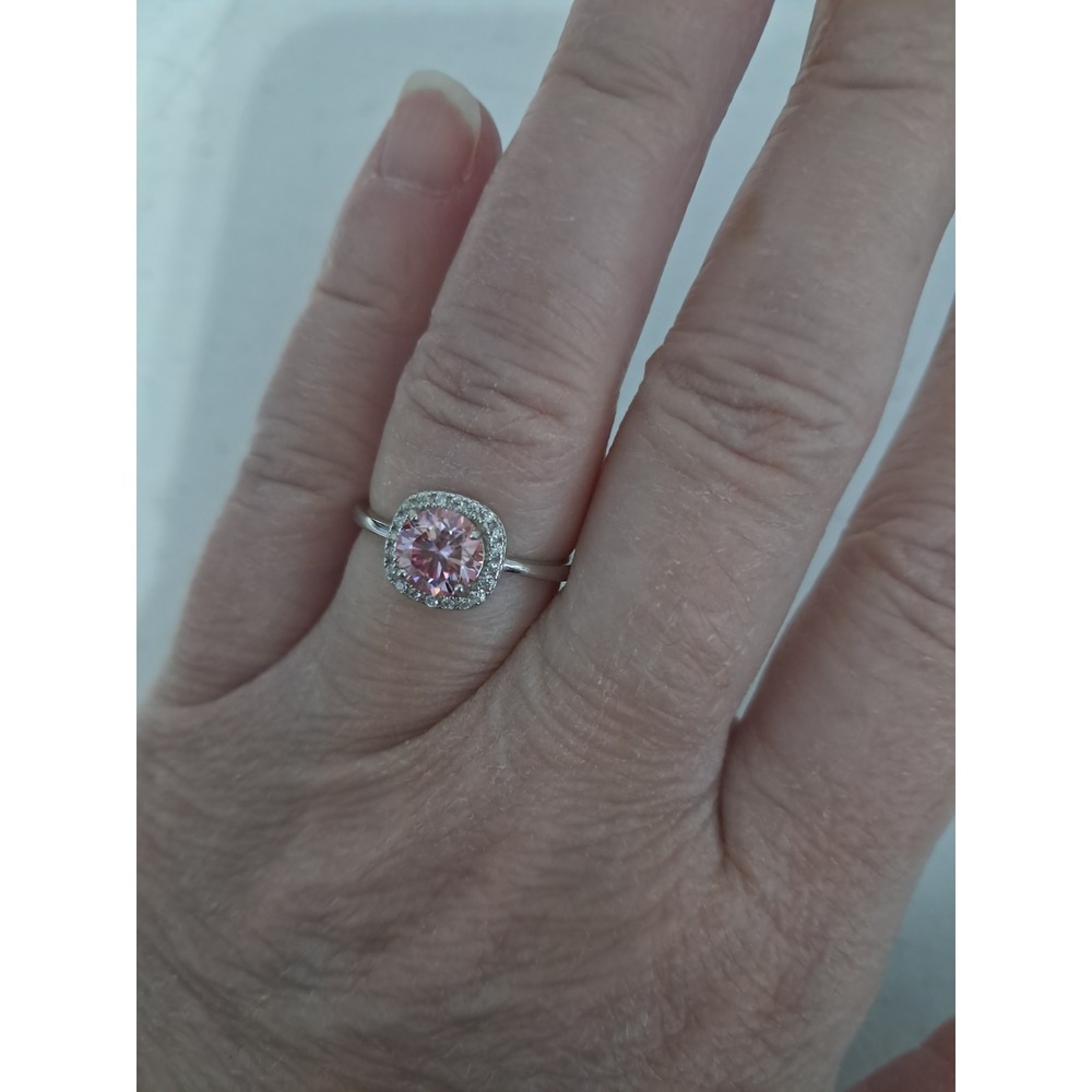 Pink Moissanite Halo Ring 1.0ct Round Cut Silver Tone Adjustable Band Engagement